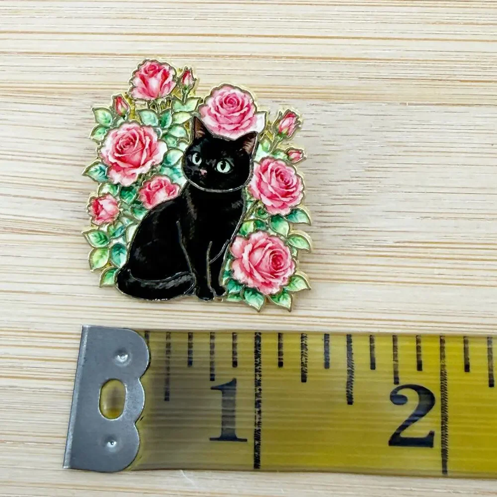 Black Cat Rose Enamel Pin Gothic Floral Cat Lover Pink Roses Soft Enamel